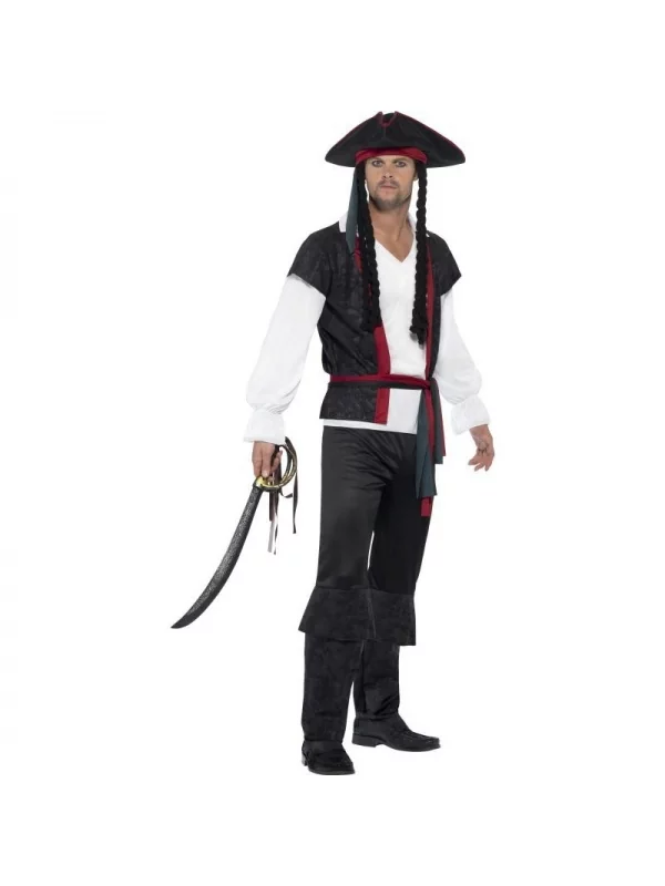 Smiffys Déguisement Pirate Homme Noir ( Haut, Pantalon, Ceinture Et Tricorne Avec Cheveux) 3 Smiffys Déguisement Pirate Homme Noir ( Haut, Pantalon, Ceinture Et Tricorne Avec Cheveux)