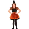 WIDMANN Déguisement Sorcière Orange Et Noir, Fille (robe Imprimée étoiles Scintillantes Et Chapeau) -Spooky Decor World deguisement sorciere orange et noir fille robe imprimee etoiles scintillantes et chapeau