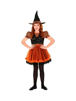 WIDMANN Déguisement Sorcière Orange Et Noir, Fille (robe Imprimée étoiles Scintillantes Et Chapeau)