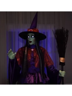 Sorcière Animée Pour Halloween De 2,15m Avec Yeux Lumineux Et Bouche Mobile -Spooky Decor World sorciere animee pour halloween de 215m avec yeux lumineux et bouche mobile 2